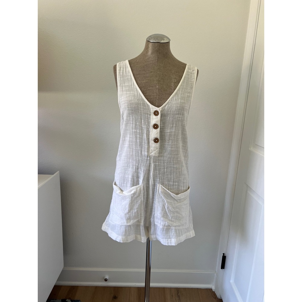 Rip Curl White Cotton Gauze Romper XS GDRMS9 V-Neck Beach Coverup Pocketed